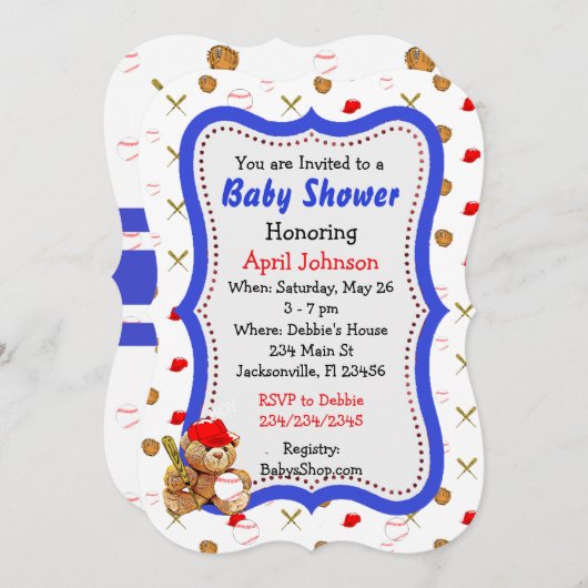Honkbal Teddy Bear Baby shower Uitnodigt Kaart (Voorkant / Achterkant)