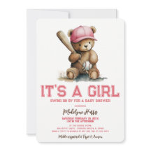 Honkbal  Teddybeer Aquarel Meisje Baby Shower