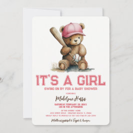 Honkbal  Teddybeer Aquarel Meisje Baby Shower Kaart