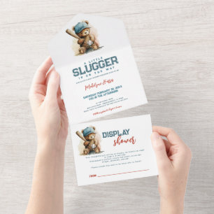 Honkbal Teddybeer Jongen QR Display  Baby Shower All In One Uitnodiging