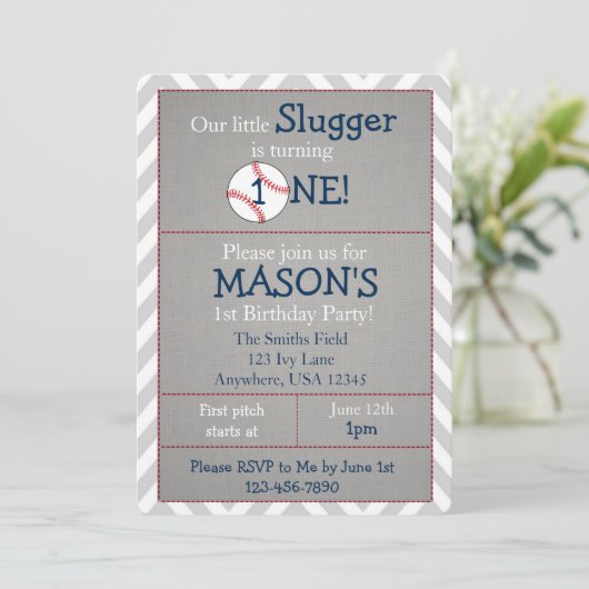 Honkbal thema 1e verjaardag uitnodiging (Staand voorkant)