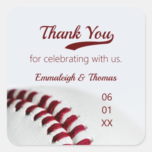 Honkbal Thema Bruiloft gunst Dank u Vierkante Sticker (Voorkant)