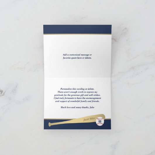 Honkbal Thema Party Elegant Navy Blauw en Goud Th Bedankkaart (Binnen)