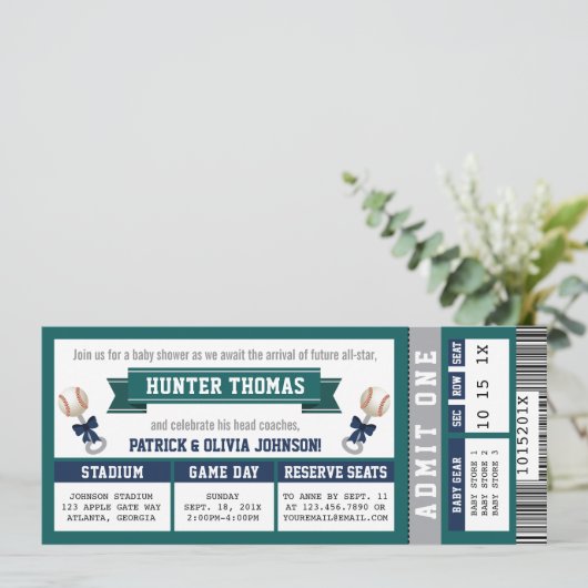 Honkbal Ticket Baby shower, Blauw, Groen Kaart (Staand voorkant)