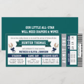 Honkbal Ticket Baby shower, Blauw, Groen Kaart (Voorkant / Achterkant)