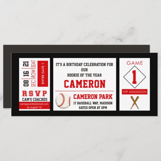 Honkbal Ticket Verjaardagsfeestuitnodiging Rood Kaart (Voorkant / Achterkant)