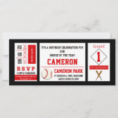 Honkbal Ticket Verjaardagsfeestuitnodiging Rood Kaart (Voorkant)