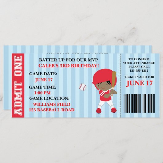 Honkbal ticket verjaardagsuitnodiging aanpasbaar kaart (Voorkant / Achterkant)