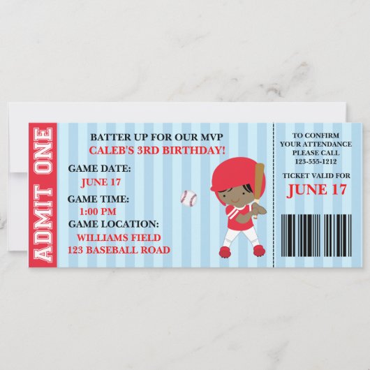 Honkbal ticket verjaardagsuitnodiging aanpasbaar kaart (Voorkant)