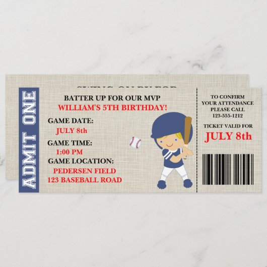 Honkbal ticket verjaardagsuitnodiging aanpasbaar kaart (Voorkant / Achterkant)