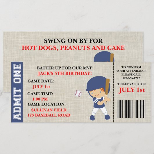 Honkbal ticket verjaardagsuitnodiging aanpasbaar kaart (Voorkant / Achterkant)