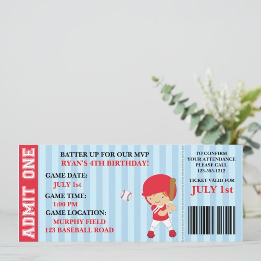 Honkbal ticket verjaardagsuitnodiging aanpasbaar kaart (Staand voorkant)