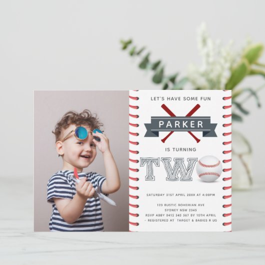 Honkbal Tweede Verjaardag Jongen Foto Kaart (Staand voorkant)