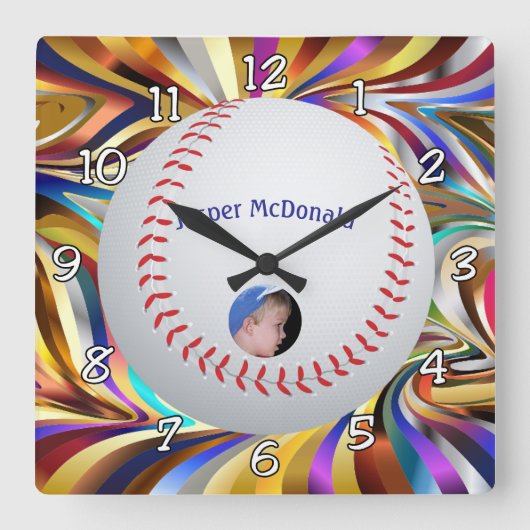 Honkbal veelkleurige achtergrond foto personaliser vierkante klok (Voorkant)