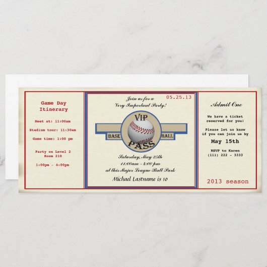 Honkbal Verjaardag Party Pass Kaart (Voorkant / Achterkant)