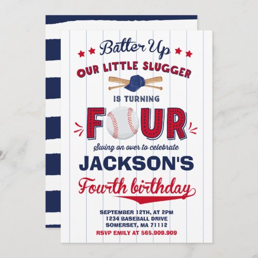 Honkbal Verjaardag Uitnodiging Honkbal 4e Verjaard (Voorkant / Achterkant)