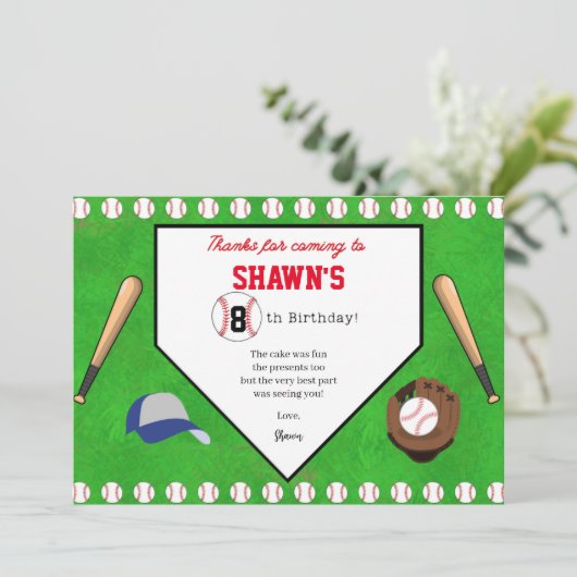 Honkbal verjaardagsfeest thuisplaat dank je kaart (Staand voorkant)