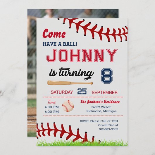 Honkbal Verjaardagsfeestuitnodiging met Foto Kaart (Voorkant / Achterkant)