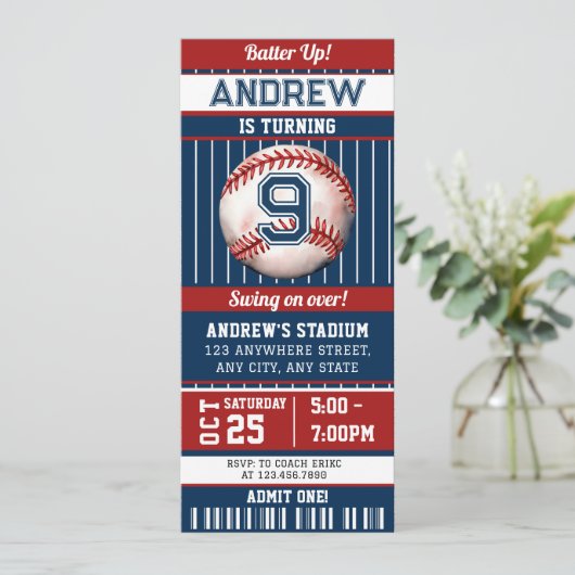 Honkbal Verjaardagsfeestuitnodiging Ticket Kaart (Staand voorkant)