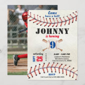 Honkbal verjaardagsuitnodiging voor jongen met fot kaart (Voorkant / Achterkant)