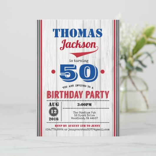 Honkbal volwassen 50e verjaardag uitnodiging. rust kaart (Staand voorkant)