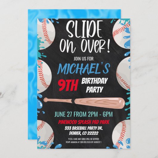 Honkbal Waterslide Verjaardagsfeestuitnodiging Kaart (Voorkant / Achterkant)