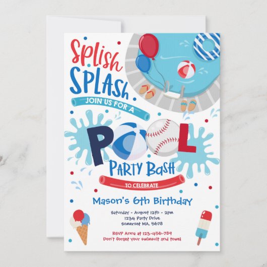 Honkbal Zwembad Party Splish Zwembad Verjaardag Kaart (Voorkant)