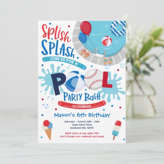 Honkbal Zwembad Party Splish Zwembad Verjaardag Kaart (Staand voorkant)