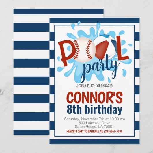 Honkbal Zwembad Party Verjaardag Uitnodiging (Voorkant / Achterkant)