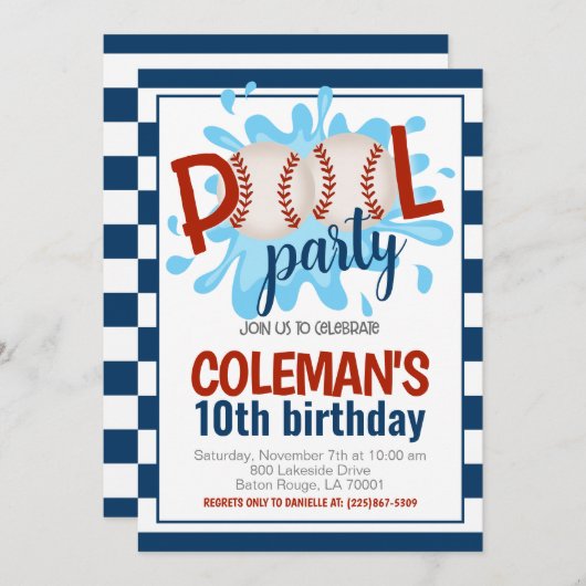 Honkbal Zwembad Party Verjaardag Uitnodiging (Voorkant / Achterkant)