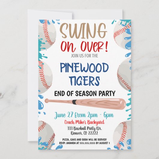 Honkbal zwembadfeest uitnodiging (Voorkant)