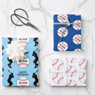 Honkbalbal Blauw Sport Speler Kinderen Naam Inpakpapier Vel