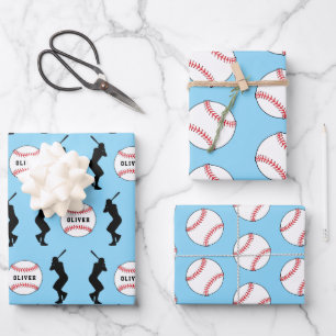 Honkbalbal Blauw Sport Speler Kinderen Naam Inpakpapier Vel