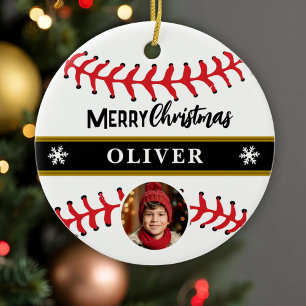 Honkbalbal met eigen naam Vrolijk Kerstmis Foto Keramisch Ornament
