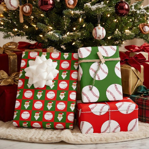 Honkbalballen en Kerstman Rood en Groen Kerstmis Inpakpapier Vel