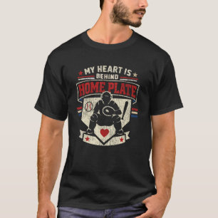 Honkbalfan Catcher Vintage Mijn hart is achter Ho T-shirt