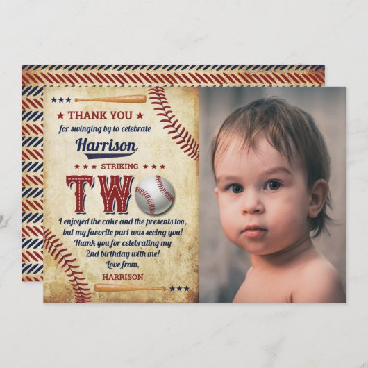  honkbaljongens 2e verjaardag Foto Bedankkaart (Voorkant / Achterkant)