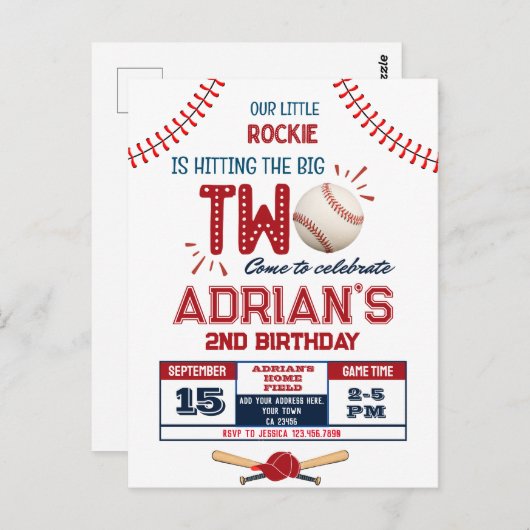 Honkbalkind met 2de verjaardag briefkaart (Voorkant / Achterkant)