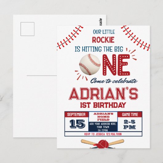 Honkbalkind voor 1e verjaardag briefkaart (Voorkant / Achterkant)