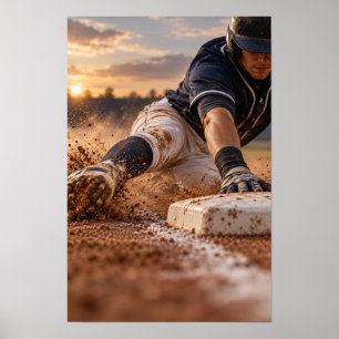 Honkbalkspeler glijdt op basis bij zonsondergang m poster