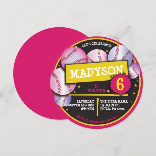 HONKBALLEN ROZE Verjaardagsfeestuitnodiging Kaart (Voorkant / Achterkant)