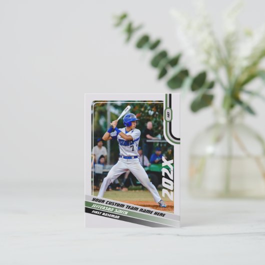 Honkballer Trading Kaart Custom Groen Grijs Contactkaartje (Staand voorkant)