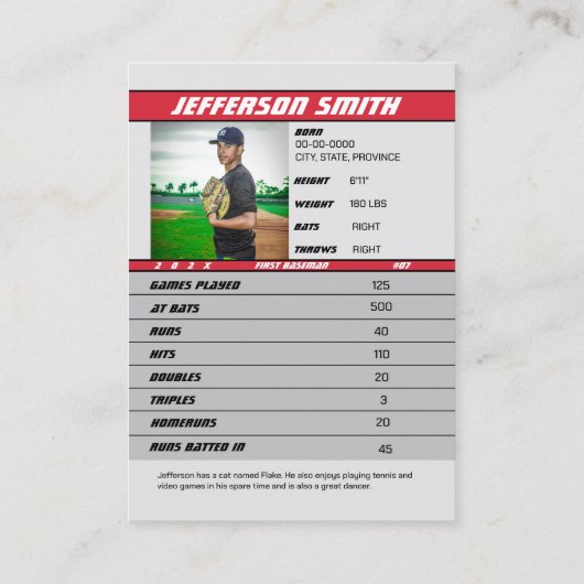 Honkballer Trading Kaart Custom Rood Grijs Contactkaartje (Achterkant)