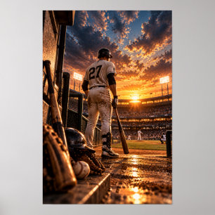 Honkbalspeler bij zonsondergang muurkunst – stadio poster