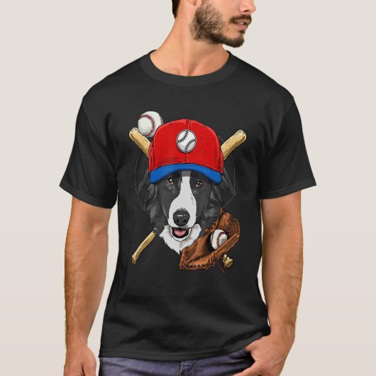 Honkbalspeler coaches Border Collie hond werper T-shirt (Voorkant)
