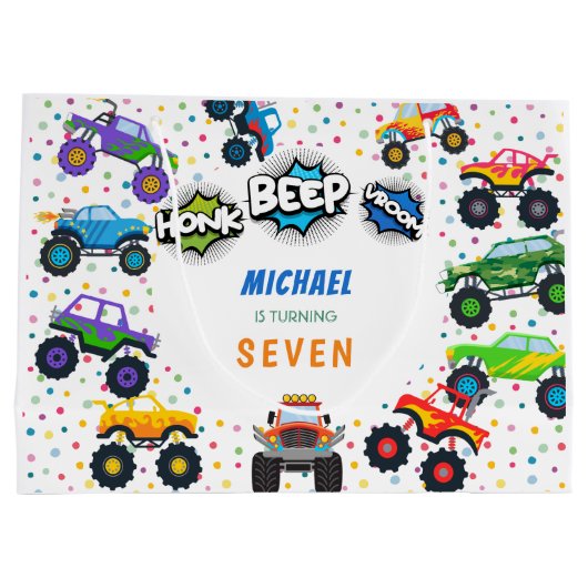 Honkbeep vroom monster vrachtwagens verjaardagscom groot cadeauzakje (Achterkant)