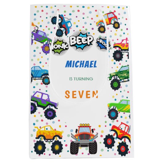 Honkbeep vroom monster vrachtwagens verjaardagscom medium cadeauzakje (Voorkant)