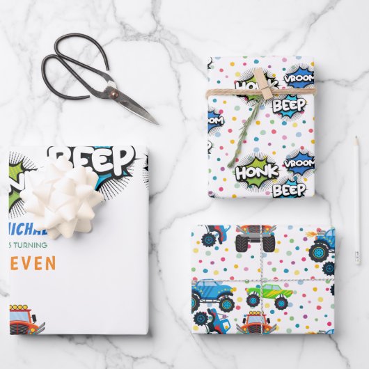 Honkbeep-vroom-monstervrachtwagen - jarig inpakpapier vel (Voorkant)