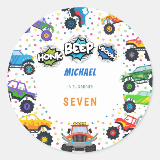 Honkbeep-vroom-monstervrachtwagen - jarig ronde sticker (Voorkant)