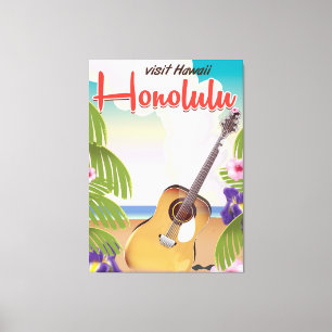 Honolulu akoestische gitaar vintage poster. canvas afdruk